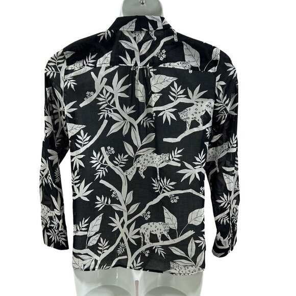 Talbots M Shirt Tropical Panther Jungle Cat Print Sheer Blouse Black White Top - Picture 3 of 11